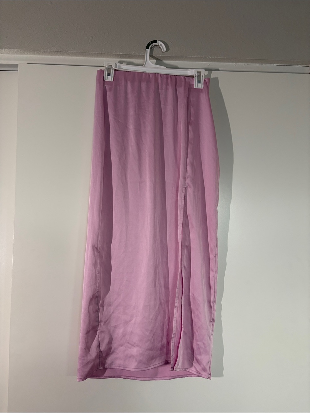 A New Day Pastel Pink Satin Midi Skirt with Slit
